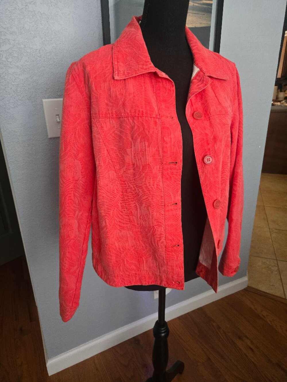 Coldwater Creek Floral Jacquard Jacket Coral Cotton Blend M